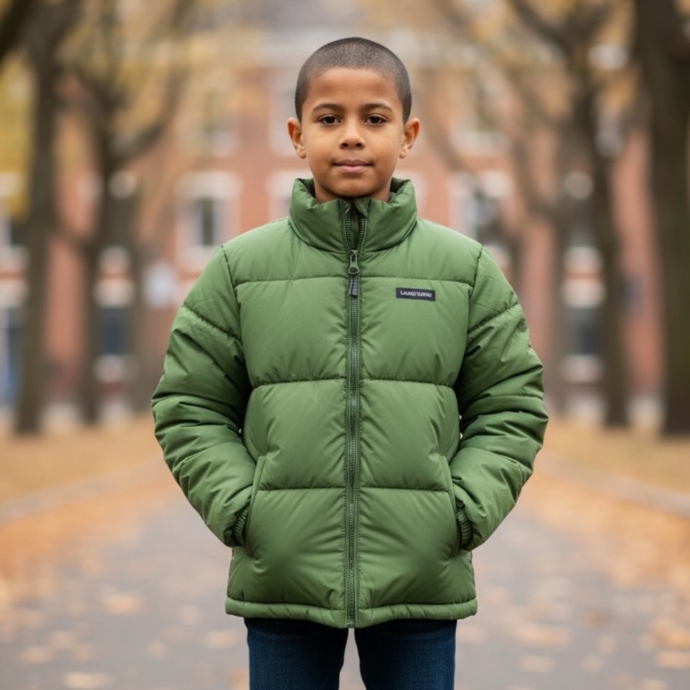 Lands' End Kids Olive Green Down Puffer Jacket Removable Sleeves to Vest 7/8 Sm